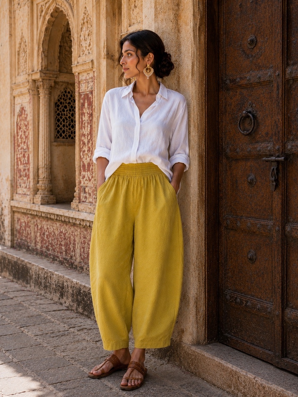 Old Navy Mustard Yellow Barrel Leg Pull-On Pants Textured Cotton Blend